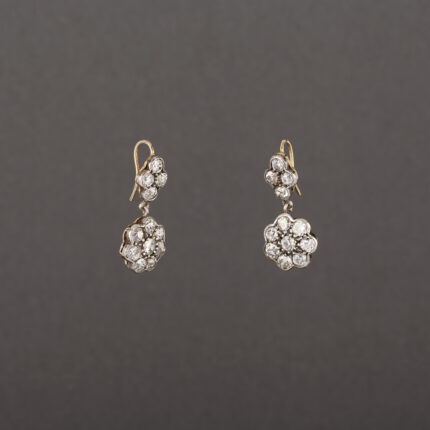 Cercei lungi Art Deco din aur de 14k si argint cu diamante naturale
