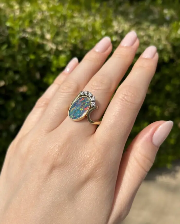 Inel din aur de 14k cu opal si diamante naturale