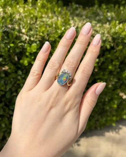Inel din aur de 14k cu opal si diamante naturale