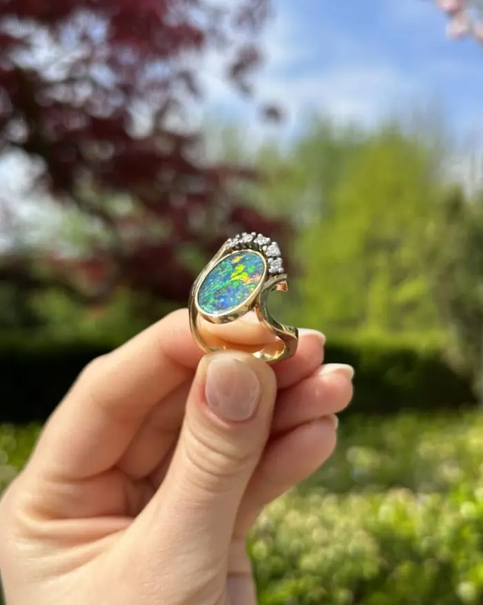 Inel din aur de 14k cu opal si diamante naturale