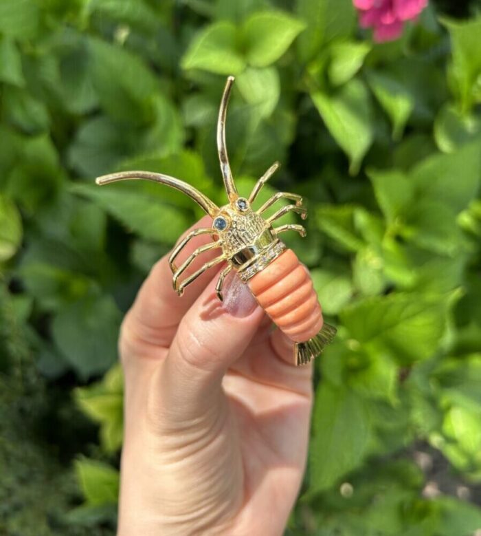 Brosa-pandant vintage din aur de 18k cu safire, coral si diamante naturale