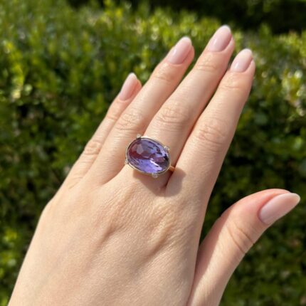 Inel vintage din aur de 18k, ametist si diamante naturale