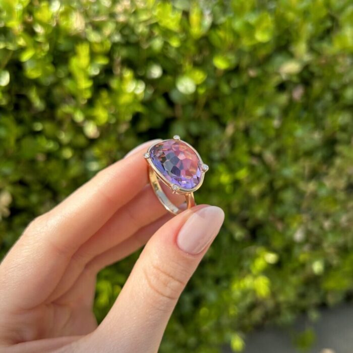 Inel vintage din aur de 18k, ametist si diamante naturale