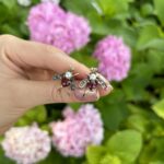 Cercei vintage din aur de 12k si argint cu rodolit, perlute si diamante naturale