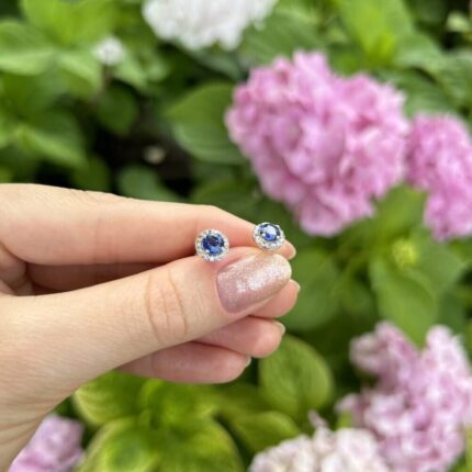 Cercei din aur alb de 14k cu safire si diamante naturale