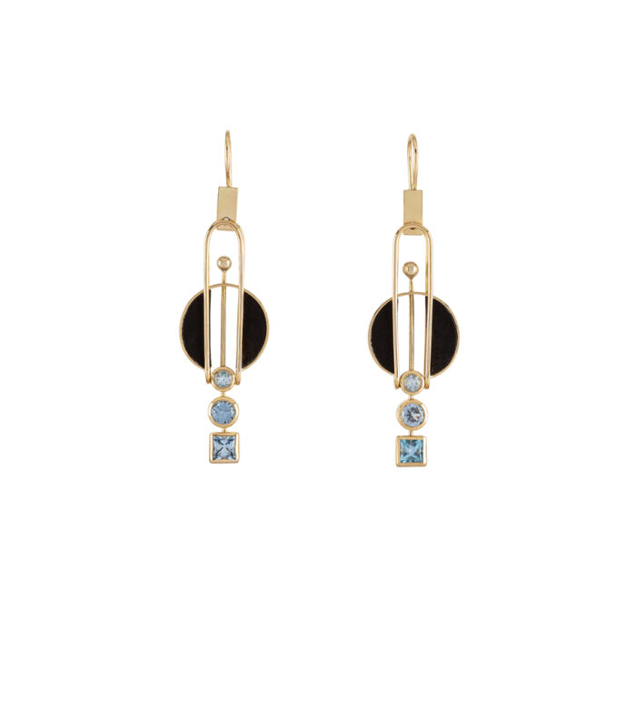 Cercei lungi stil Art Deco, creatie Leador, din aur de 18k cu lemn de abanos si topaze naturale
