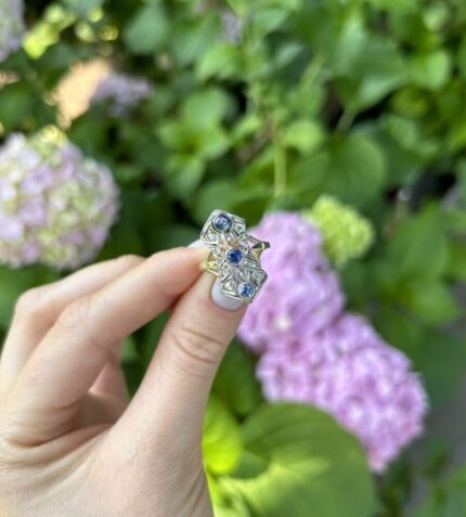 Inel Art Deco din aur galben de 14k cu safire si diamante naturale montate in argint