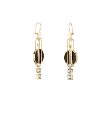 Cercei lungi stil Art Deco, creatie Leador, din aur de 18k cu lemn de abanos si topaze naturale