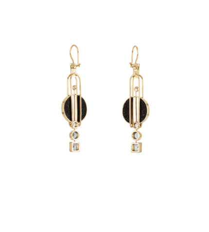 Cercei lungi stil Art Deco, creatie Leador, din aur de 18k cu lemn de abanos si topaze naturale