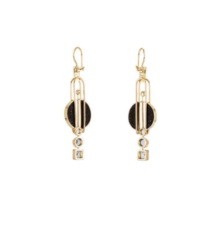 Cercei lungi stil Art Deco, creatie Leador, din aur de 18k cu lemn de abanos si topaze naturale