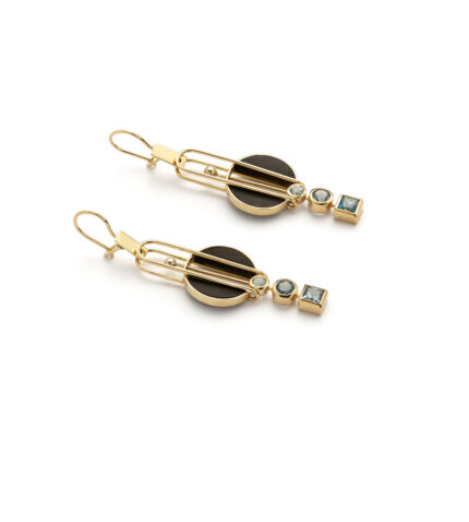 Cercei lungi stil Art Deco, creatie Leador, din aur de 18k cu lemn de abanos si topaze naturale