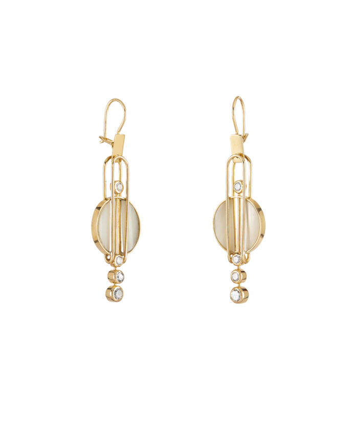 Cercei lungi stil Art Deco din aur de 18k cu sidef si diamante naturale
