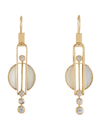 Cercei lungi stil Art Deco din aur de 18k cu sidef si diamante naturale