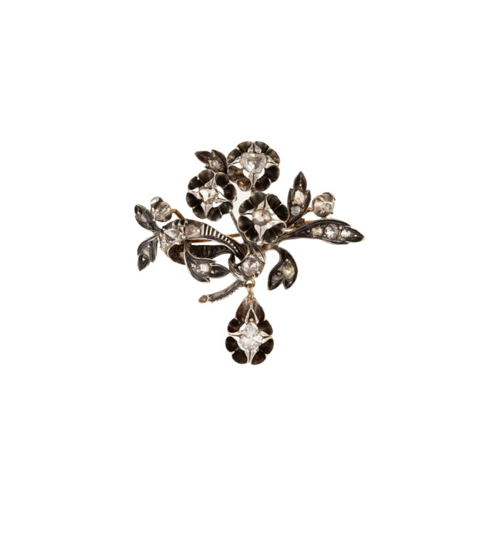 Set din perioada Victoriana din aur de 14k si argint cu diamante naturale