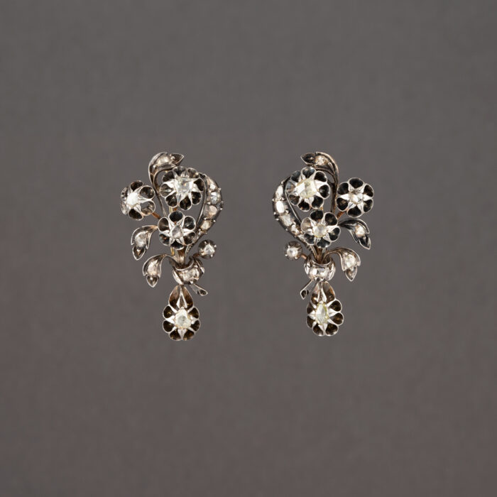 Set din perioada Victoriana din aur de 14k si argint cu diamante naturale