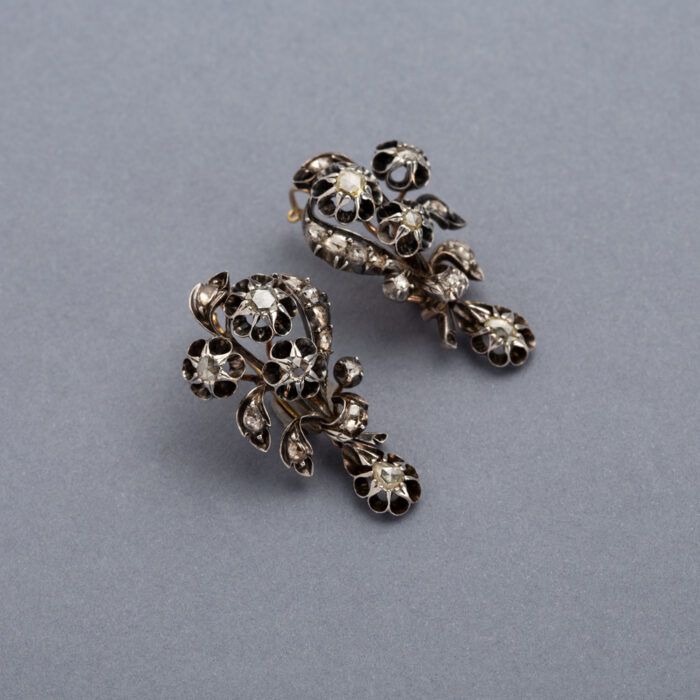 Set din perioada Victoriana din aur de 14k si argint cu diamante naturale
