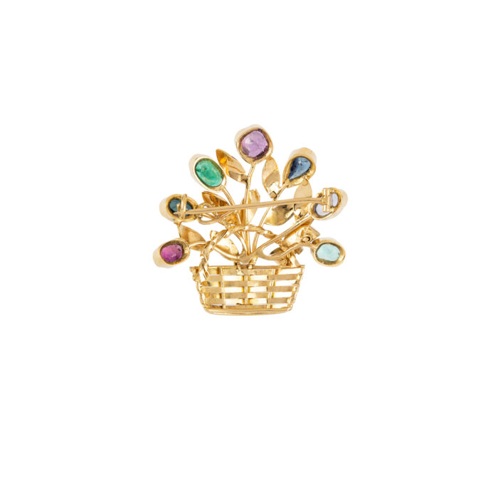 Brosa vintage cosulet cu flori din aur de 18k cu mix de pietre naturale pretioase