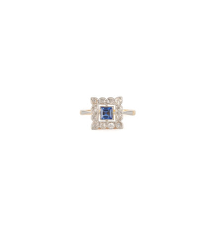 Inel autentic Art Deco din aur de 18k si platina cu safir si diamante