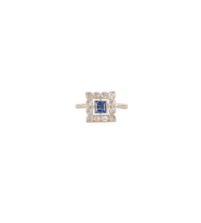 Inel autentic Art Deco din aur de 18k si platina cu safir si diamante