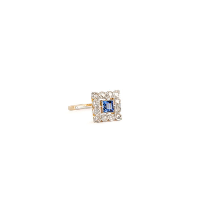 Inel autentic Art Deco din aur de 18k si platina cu safir si diamante