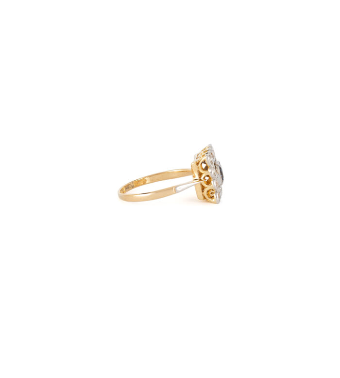 Inel autentic Art Deco din aur de 18k si platina cu safir si diamante