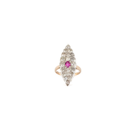 Inel vintage din aur de 14k si platina cu rubin si diamante naturale