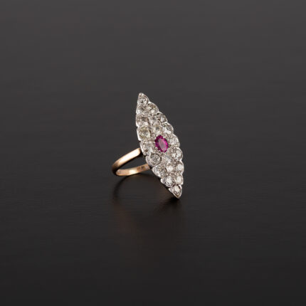 Inel vintage din aur de 14k si platina cu rubin si diamante naturale