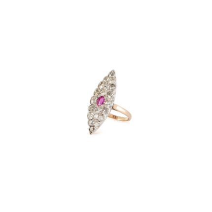 Inel vintage din aur de 14k si platina cu rubin si diamante naturale