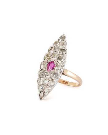 Inel vintage din aur de 14k si platina cu rubin si diamante naturale