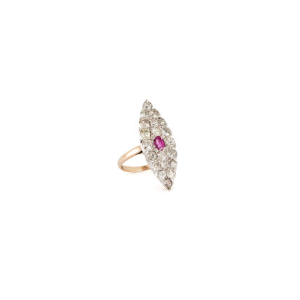 Inel vintage din aur de 14k si platina cu rubin si diamante naturale