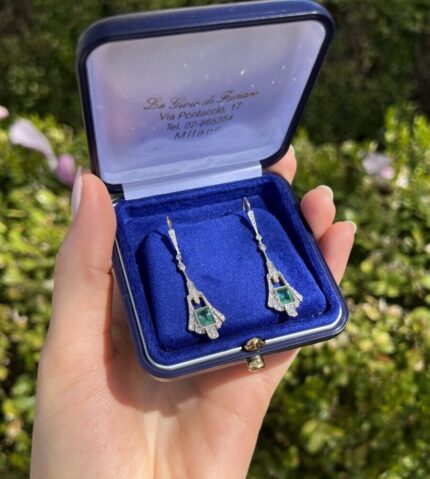 Cercei autentici Art Deco din aur de 18k si platina cu smarald si diamante naturale