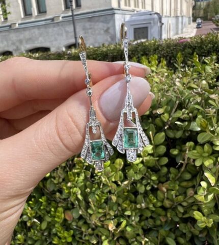 Cercei autentici Art Deco din aur de 18k si platina cu smarald si diamante naturale