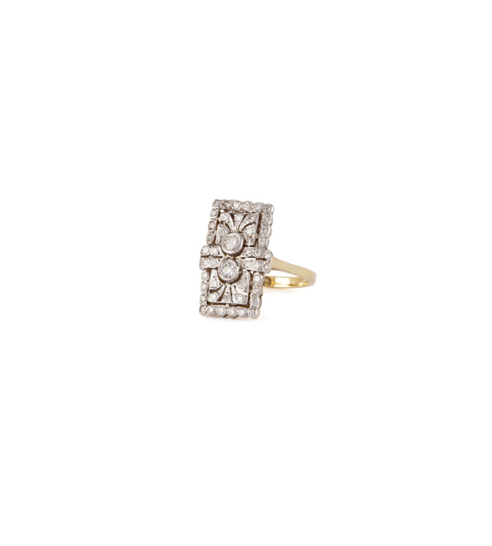 Inel autentic Art Deco din aur de 14k si platina cu diamante naturale