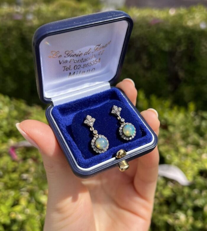Cercei vintage din aur de 18k si argint cu opal si diamante naturale