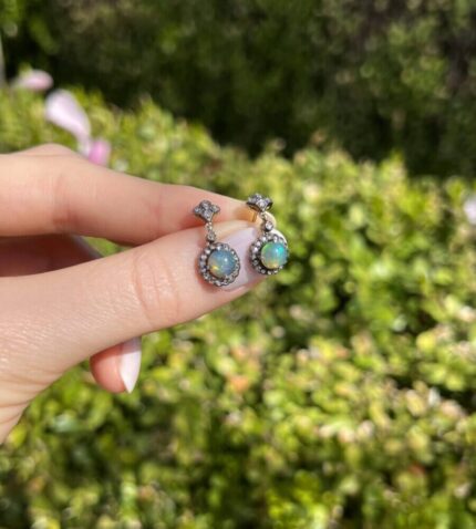 Cercei vintage din aur de 18k si argint cu opal si diamante naturale