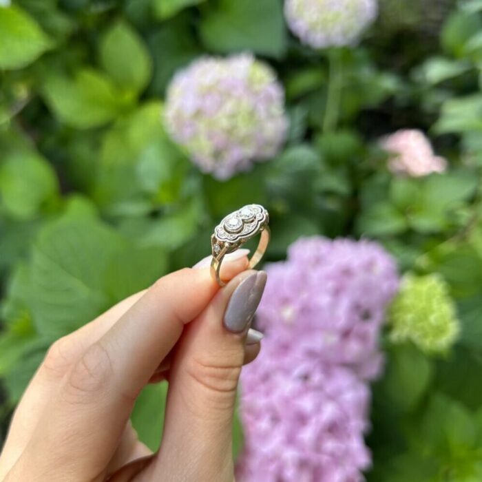 Inel autentic Art Deco din aur de 14k si platia cu diamante naturale
