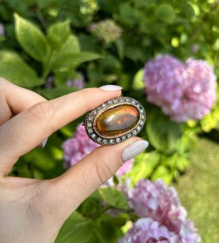 Brosa vintage din aur de 18k si argint cu chihlimbar si diamante naturale