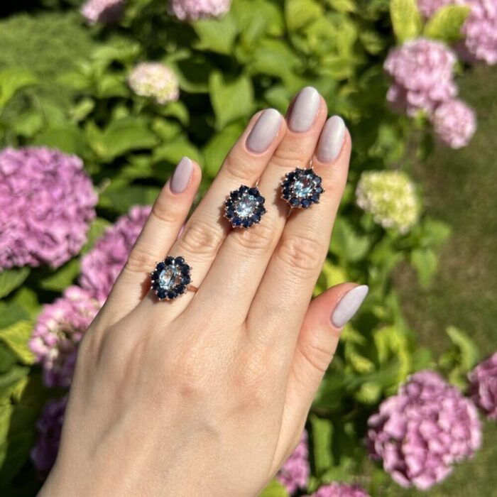 Set cercei si inel din aur roz de 14k cu topaz si safire naturale