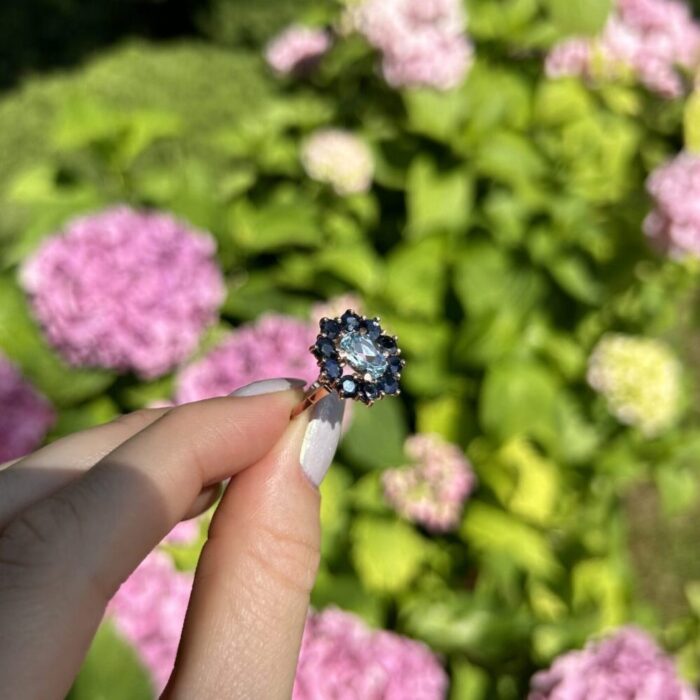 Set cercei si inel din aur roz de 14k cu topaz si safire naturale