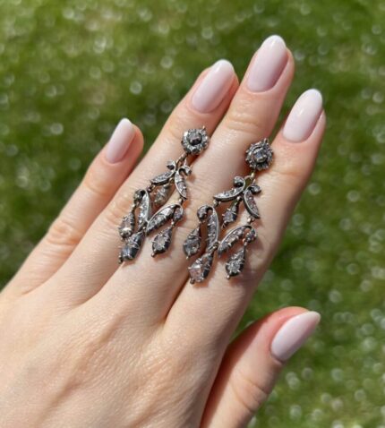 Cercei Art Nouveau din aur de 18k si argint cu diamante naturale
