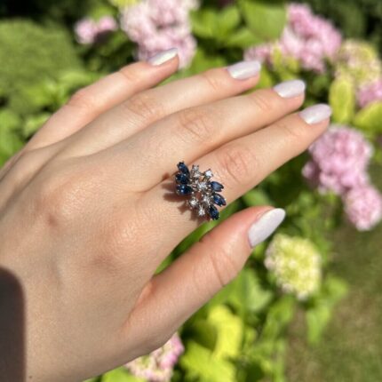 Inel din aur alb de 14k cu safire si diamante naturale