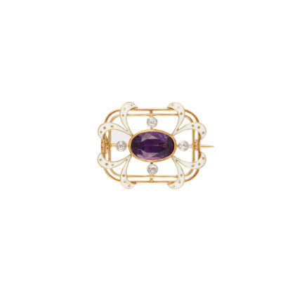 Brosa vintage din aur de 18k cu email, ametist si diamante naturale