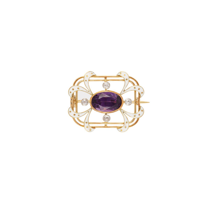 Brosa vintage din aur de 18k cu email, ametist si diamante naturale