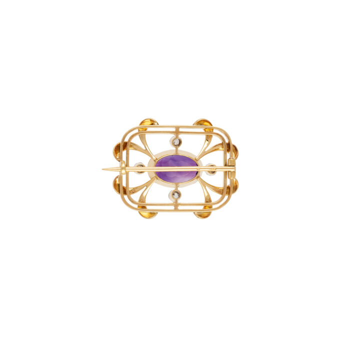 Brosa vintage din aur de 18k cu email, ametist si diamante naturale