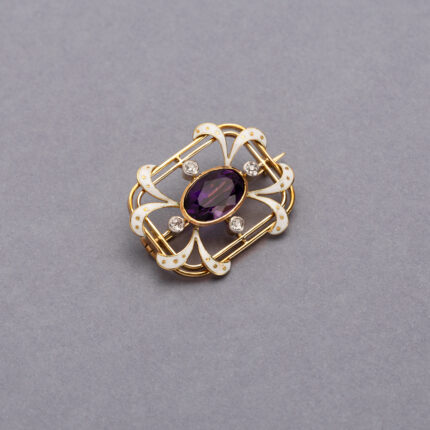 Brosa vintage din aur de 18k cu email, ametist si diamante naturale