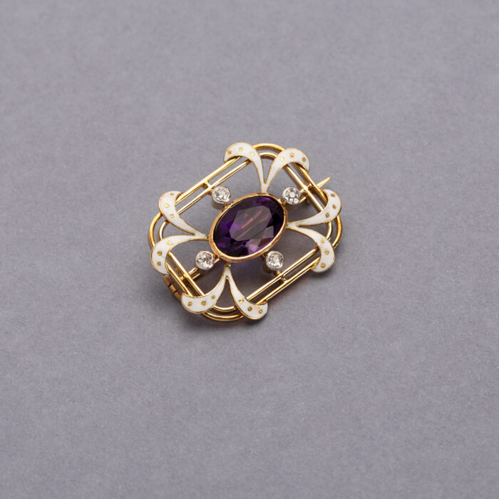Brosa vintage din aur de 18k cu email, ametist si diamante naturale