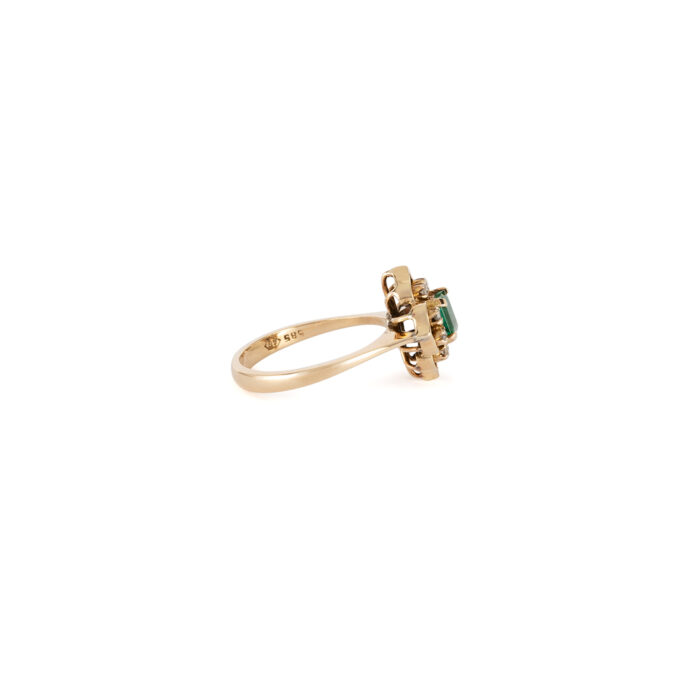Inel vintage din aur de 14k cu smarald si diamante naturale