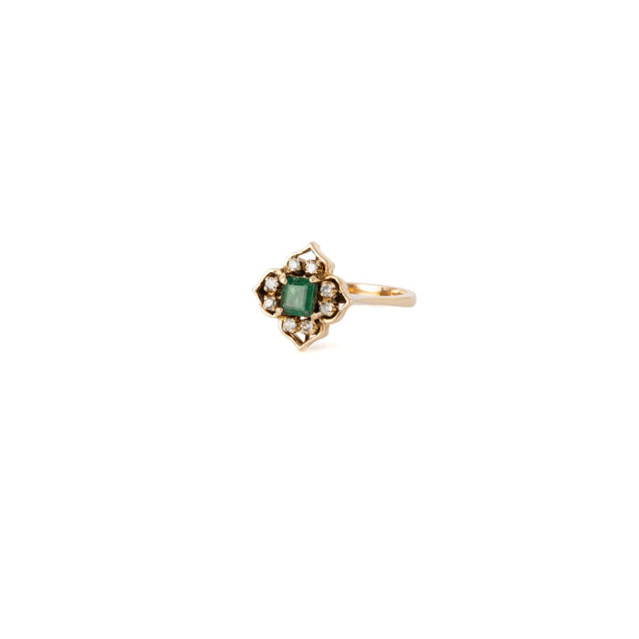 Inel vintage din aur de 14k cu smarald si diamante naturale