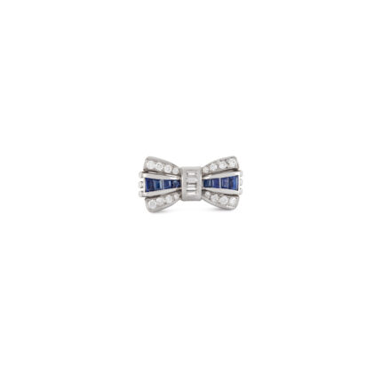 Inel vintage cu fundita din aur alb de 14k cu safire si diamante naturale