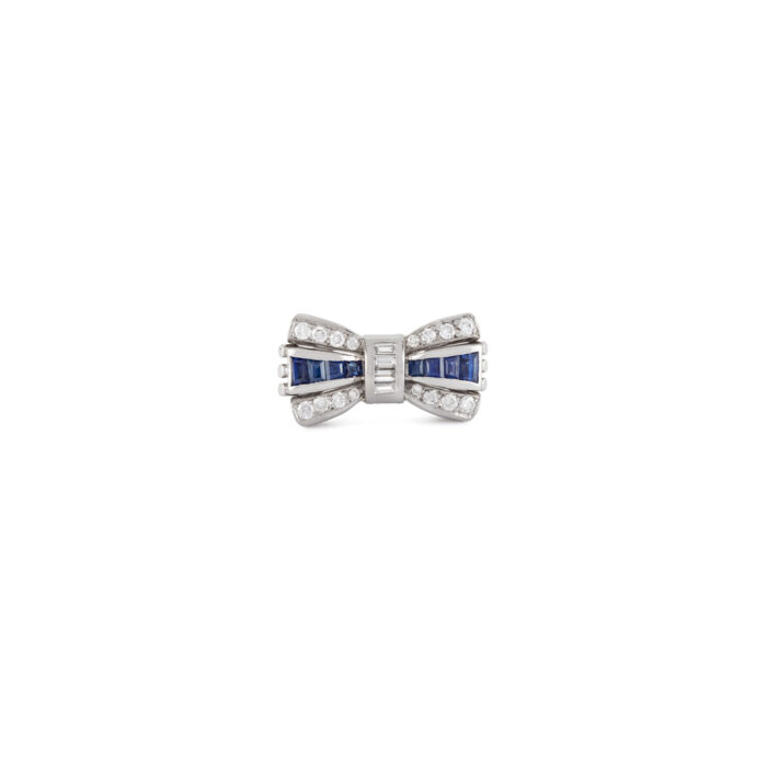 Inel vintage cu fundita din aur alb de 14k cu safire si diamante naturale